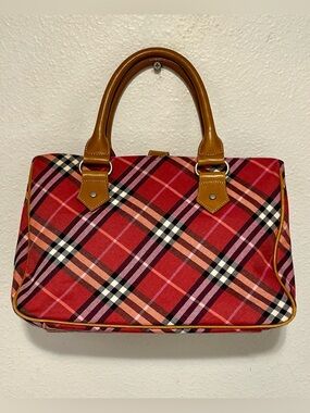 BURBERRY Blue Label Nova Check Plaid Tote Bag Canvas & Leather Red Tan w/ COA